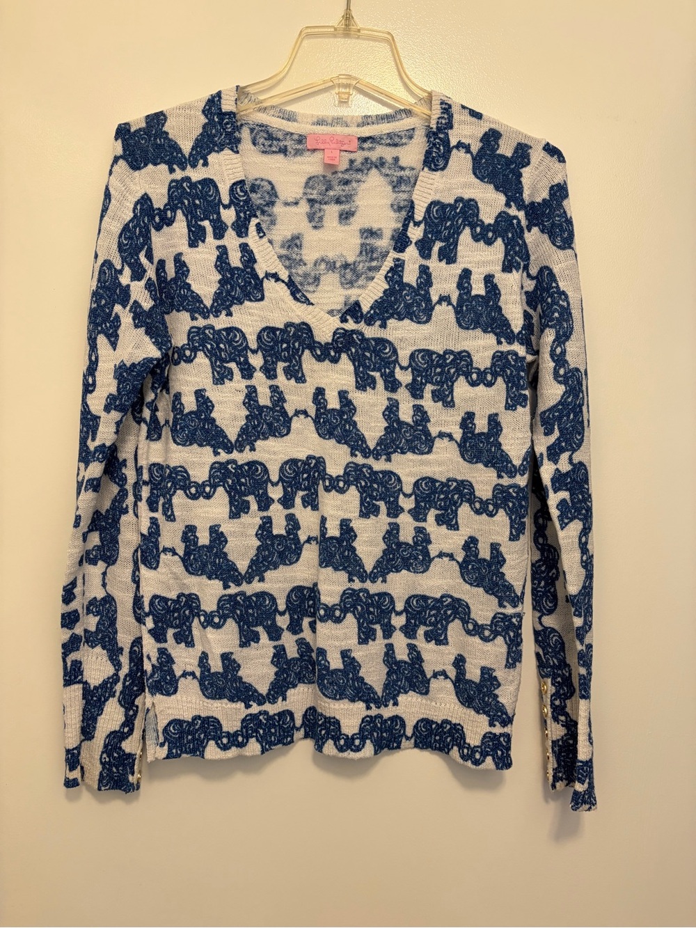 Lilly Pulitzer White V-Neck Sweater with Blue Elephant Pattern